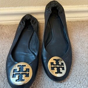 Tory Burch Black Leather Flats with Gold Emblem